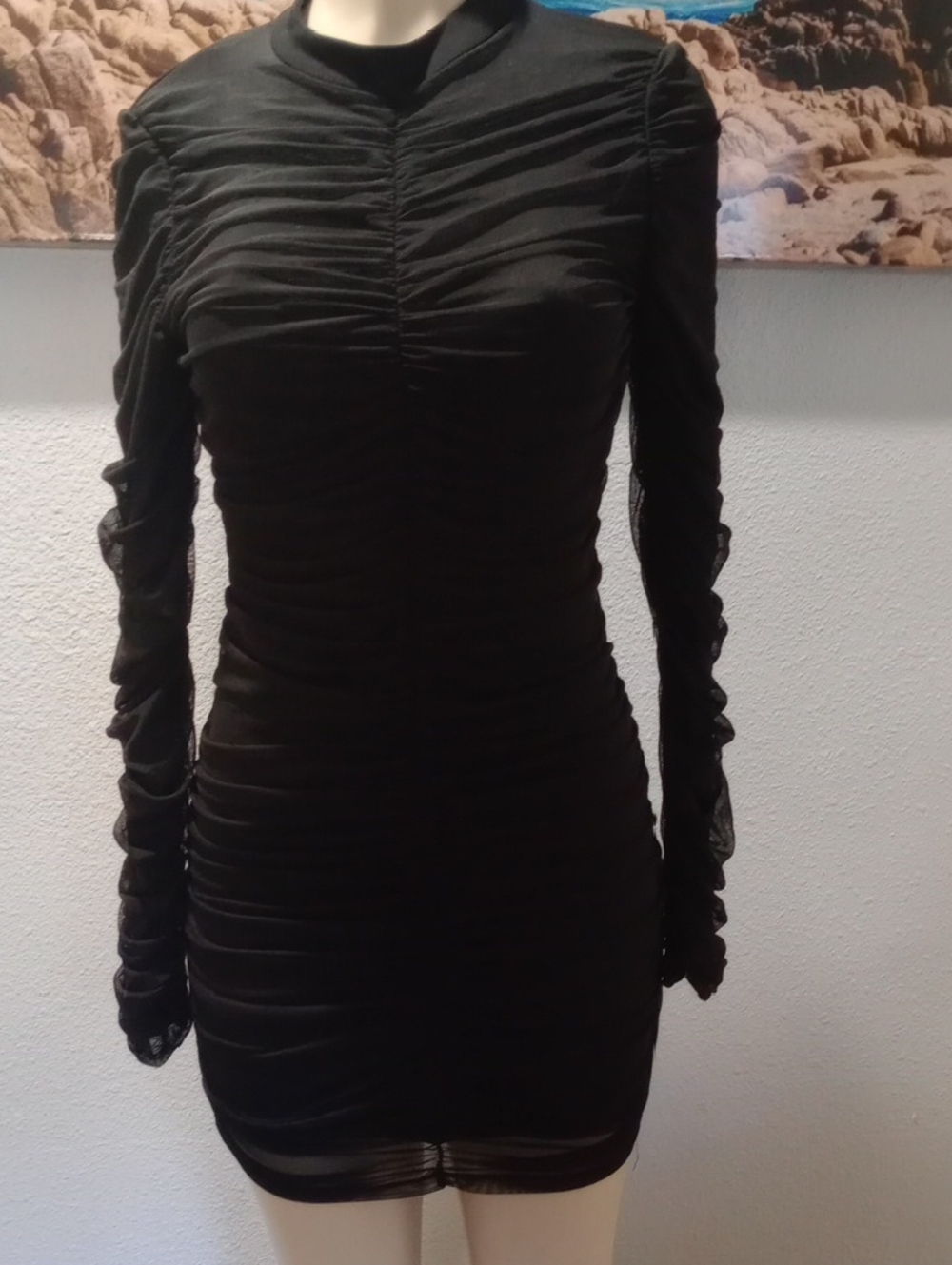 Ruched Long-Sleeve Black Bodycon Dress